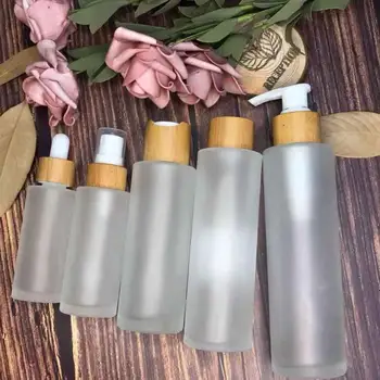 4oz 1oz buzlu şeffaf cam kavanoz bambu şişe losyon sprey kapağı oyma ahşap kozmetik cilt bakım kremi ücretsiz örnek