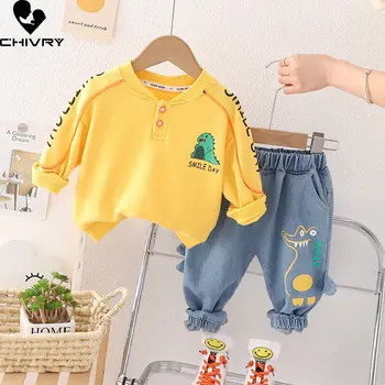 Erkek giyim setleri Yeni 2023 Bahar Erkek Bebek Moda Karikatür Dinozor Mektup Yaka Gömlek Üstleri kot pantolon Çocuk Giysileri
