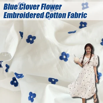 100 * 150cm Ins Karikatür Mavi Çiçek Nakış Kumaş Edebi Çiçek Yüksek Kaliteli Pamuklu Kumaş Dıy Gömlek yatak çarşafı Kapitone
