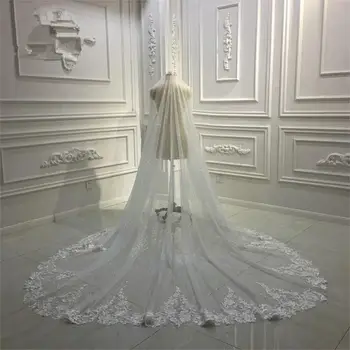 Yeni Desen Katedrali Uzunluk Gelin Veils Dantel Aplike Kenar Geniş 1 Katmanlı düğün duvağı s Metal Tarak Üst Custom Made düğün duvağı