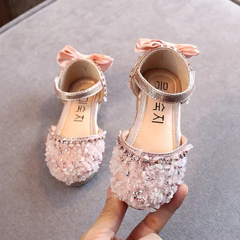 2023 Kristal Yay tek ayakkabı Yaz Kız Moda Prenses yumuşak ayakkabı Çocuk Pu Deri Düz Bebek Taklidi Sandalet A986