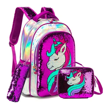 Unicorn okul çantası Çift Taraflı Pullu Sırt Çantası Seti Hafif Kawaii Sırt Çantası Kız Sırt Çantası Okul Malzemeleri Kızlar için