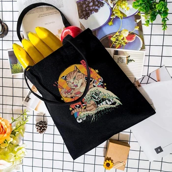Yeni Japon Tarzı Ukiyoe Bayan Tasarımcı omuzdan askili çanta Çevre Dostu alışveriş çantası Harajuku Retro Komik Siyah Fermuarlı çanta