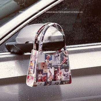 Kadınlar için Lüks tasarım Pu Deri Poster desen çanta Moda baskılı koltukaltı çanta Bağbozumu Kadın Zincir askılı çanta