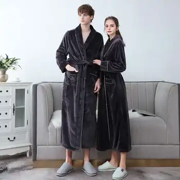 Çift Siyah Flanel Kimono Gecelik Banyo Elbisesi Kış Kalın Sıcak Mercan Polar Bornoz Gecelik Pijama