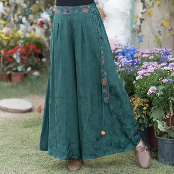 2023 çin vintage jakarlı gevşek pantolon kadın ulusal çiçek nakış elastik bel harem pantolon oryantal etnik pantolon