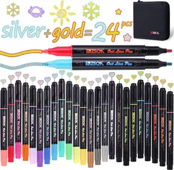 Çift Hat Glitter Pırıltılı Metalik İşaretleyiciler, 24 Renk Çift Uçlu Kendinden Anahat Boya Kalem Seti, tebrik Kartı Çizim için
