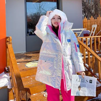 Kore Gevşek Casual Kalınlaşmak Sıcak Parlak Kapşonlu Aşağı Pamuk Parkas Ceket 2023 Kış Cepler Uzun Kollu Pamuklu Yastıklı Giyim