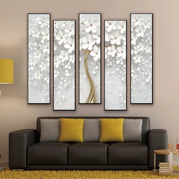 5 Panel 3D Etkisi Beyaz Çiçekler Tuval Boyama Soyut Bitki Posterler Ve Baskılar duvar sanat resmi Oturma Odası Ev Dekor İçin
