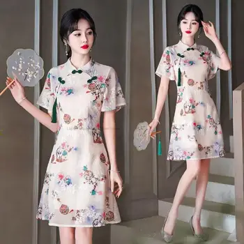 Geleneksel Çin Cheongsam Oryantal şifon elbise Ulusal Çiçek Baskı peri elbisesi Qipao Zarif Akşam Elbise Vestido