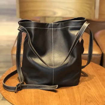 Moda basit omuz çantası kadınlar için deri kova çanta el yapımı inek derisi çanta