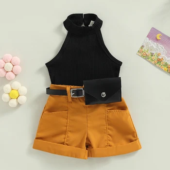 Toddler Bebek Kız Giysileri Yaz Düz Renk Kolsuz Nervürlü Mahsul Balıkçı Yaka Üstleri ve Şort Kemer Paketi ile Rahat Kıyafet