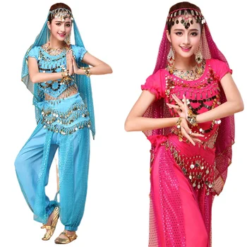 4 ADET Şifon Bollywood Kostümleri Kadın Hint Dans Seti Saree Oryantal Dans Pantolon Performans Dans Giyim