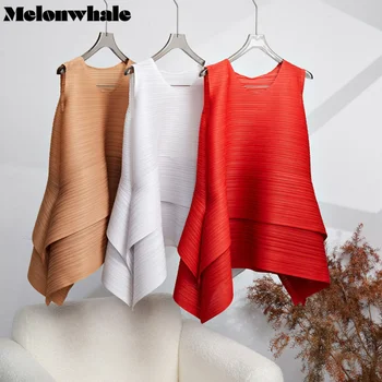 MelonWhale Miyake issey Miyake Pilili T - shirt Kadın Tasarımcı Düzensiz Yuvarlak Boyun Kolsuz İnce Üstleri Kadın Giyim 2023 Yeni Yaz