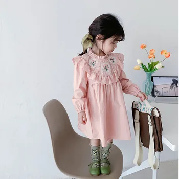 Kore Retro Dantel Kız Elbise 2023 Sonbahar İşlemeli Kenar Uzun Kollu çocuk elbiseleri Pembe Fırfır Yaka Frocks Kumaş