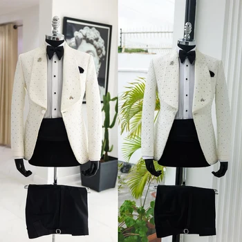 Erkek Takım Elbise 2 Adet Beyaz Blazer Siyah Pantolon Bir Düğme Geniş Yaka İş Boncuk Resmi İş Elbisesi Düğün Damat Kostüm Homme