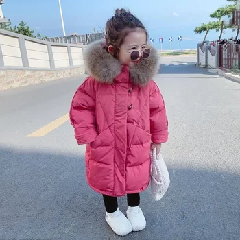 Çocuk Kız Kış Ceket 2021 Kapşonlu Kürk Yaka Aşağı Parkas Bebek Kız Sıcak Giyim Ceket Kız Giyim Çocuk Pamuk Parkas