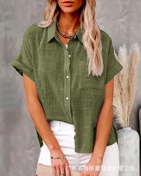 Kadınlar 2023 gömlek ve bluzlar Cepler İle Gevşek Vintage yarım Kollu Düğmeli Kadın Chic Tops Pamuk kenevir beyaz gül