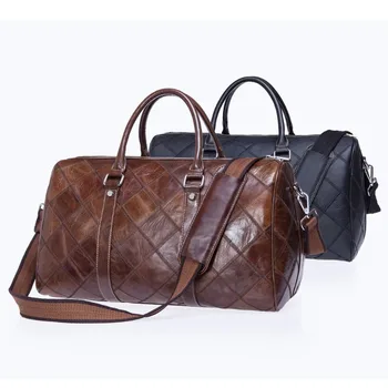 Hakiki deri erkek taşınabilir seyahat çantası inek derisi ekose desen retro erkek çanta, bir omuz bagaj çantası