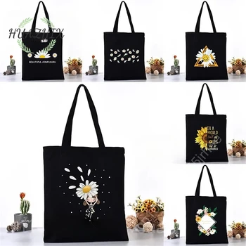 Harajuku Papatya Siyah Kadın omuzdan askili çanta Çiçek Kanvas Alışveriş Çantaları 2020 Yeni Rahat Çanta Bakkal Tote Kızlar Baskı