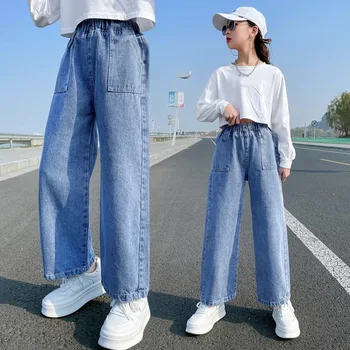 Genç Öğrenci Kız Kot 2023 Bahar Sıcak Satış Kot pantolon Kızlar için 6 8 9 10 12 14 Yıl Elastik Bel çocuk pantolonları