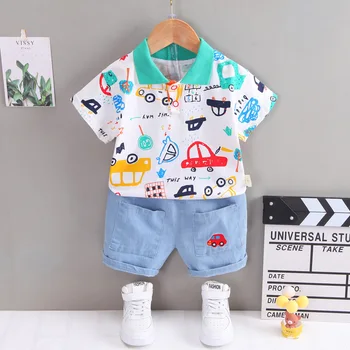 Yaz Erkek Bebek Giysileri Toddler Kıyafetler Karikatür Baskılı Kazak Kısa Kollu T-Shirt Üstleri ve Şort Butik Çocuk Giyim