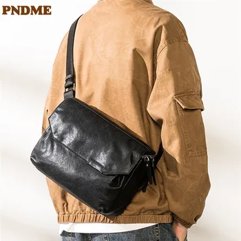 PNDME açık rahat hakiki deri erkek siyah askılı çanta basit lüks doğal yumuşak gerçek inek derisi günlük omuzdan askili çanta