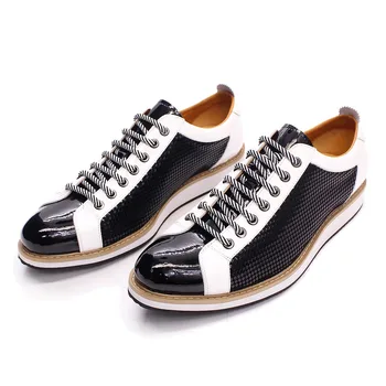 Büyük Boy 6 İla 13 Lüks marka ayakkabı Erkekler Düz Sneakers Patent Deri Dantel-up Siyah Beyaz rahat ayakkabılar Zapatos Casuales Hombres