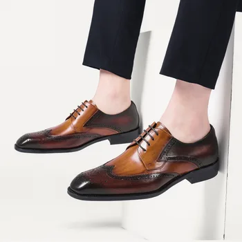 Erkek Elbise Ayakkabı 2022 İnek Derisi Yeni İş hakiki deri ayakkabı İngiliz Trend deri ayakkabı Parlayan Düğün Brogue Ayakkabı Erkekler