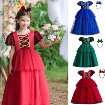Yeni Çocuk Zarif Kız Prenses Elbise Pullu Mesh Çocuklar Noel Abiye Karnaval Lüks Parti Piyano Kostüm 5 to14Y