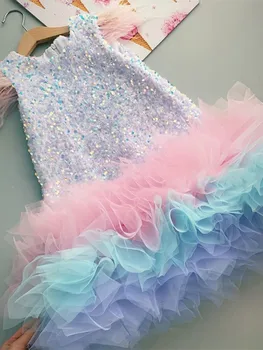 Çocuklar Nedime Pembe Elbise Kız Düğün Zarif balo elbisesi Genç doğum günü partisi Giyim Elbiseler Çocuk Tüy Sequins Vestidos