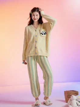 [TXıı Gelişmiş Anlamda]Panda Çizgili Yumuşak Pijama kadın Kış Sıcak Yarım Kadife V Yaka Hırka Ev Giyim Seti