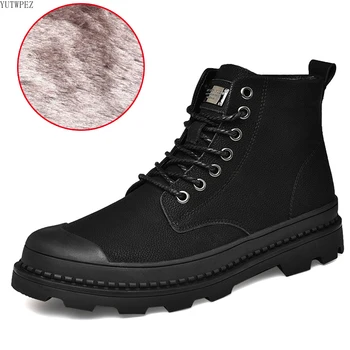 Kış Erkek Botları Hakiki Deri yarım çizmeler Siyah Sıcak Kış İş rahat ayakkabılar Erkekler Açık Havada Askeri Kürk Kar Botları Erkekler için
