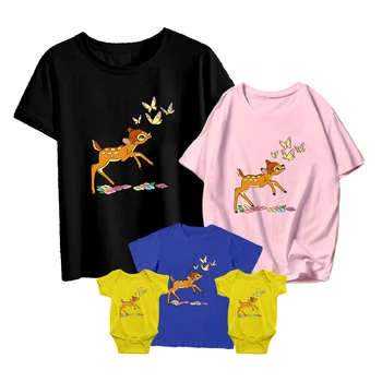 T-Shirt Disney Bambi Komik Yaz Çocuklar Kısa Kollu Bebek Kız Erkek Bebek Romper Aile Eşleştirme Yetişkin Unisex Tişörtleri Rahat Rahat