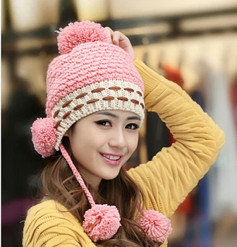 BomHCS Sevimli Kış Sıcak Yün El Yapımı Örgü Şapka Kadın Bayan kulaklık Üç Topları Örme Şapka moda Kap Bere