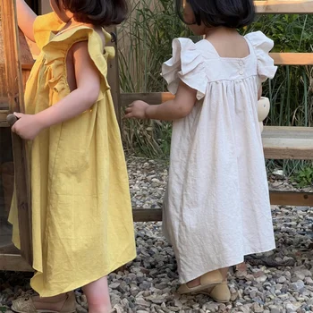 2023 Yaz Çocuk Giysileri Kız Düz Renk Ruffles Uçan Kollu Elbiseler Bebek Kız Düzensiz uzun elbise