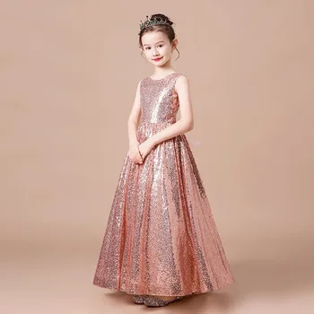 Çocuk Kız Akşam Pembe Kabarık Pullu Elbise Uzun Zarif Gelinlik Örgün Düğün Pageant Balo Çiçek Çocuklar 3T-14 yıl