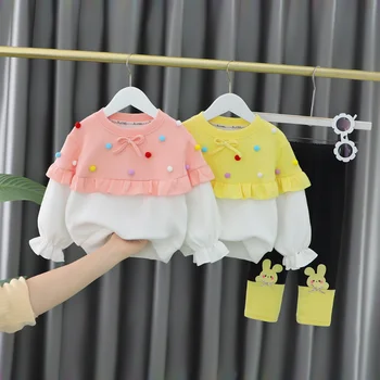 1-6Y Bahar Sonbahar Polka Dot Toddler Bebek Kız Giysileri Set Yeni Moda Kıyafetler Setleri Ruffles 2 Parça Üstleri + Karikatür Pantolon GY01181