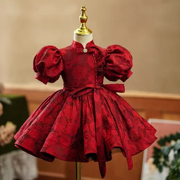Kız elbise high-end haftalık bebek kız prenses elbise kırmızı Çin tarzı çiçek kız çocuk performans elbise yaz