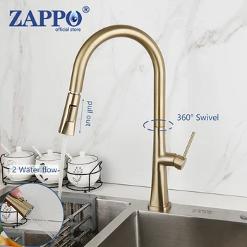 ZAPPO Fırçalanmış Altın mutfak lavabo musluğu Tek Kolu Dokunun 360 Rotasyon Mutfak Musluklar Pull Out Sıcak Soğuk Su Mikser 2 Fonksiyonu