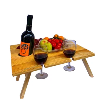 Açık Şarap Piknik Masası, Katlanır Taşınabilir Ahşap Kamp Aperatif Masa şarap şişesi ve Cam Tutucu, 34x30cm, 30x24cm