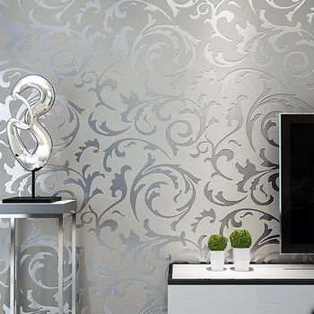 Gri 3D Victoria Şam Kabartmalı Duvar Kağıdı Rulo Ev Dekor Oturma Odası Yatak Odası Duvar Kaplamaları Gümüş Çiçek Lüks duvar kağıdı
