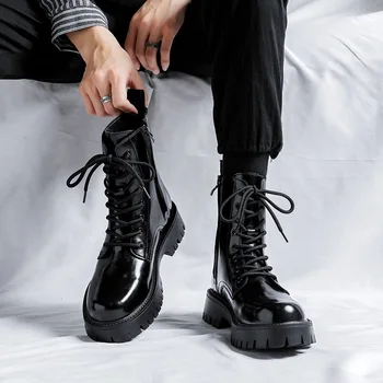 ıtalyan marka tasarımcısı erkek moda patent deri çizmeler siyah şık platform ayakkabılar dantel-up kovboy çizmesi yüksek botas masculinas