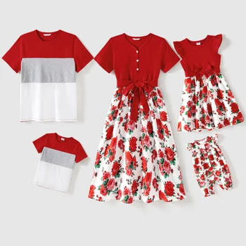 PatPat Aile Eşleştirme Kıyafetler %95 % Pamuk Kısa kollu Colorblock T-Shirt ve Çiçek Baskı Eklenmiş Elbiseler Setleri
