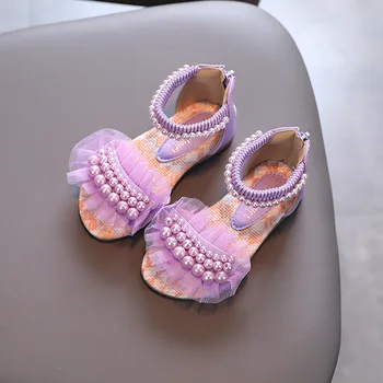 Büyük Çocuk İnciler Roma Sandalet 2022 Yaz Kore Tarzı Moda Çocuklar Dantel Prenses Güzel Katı Beyaz dans ayakkabıları Parti için
