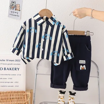 Çocuk Eşofman Erkek Giysileri 2 İla 3 Yıl Karikatür Çizgili turn-aşağı Yaka Uzun Kollu Gömlek ve Pantolon Takım Elbise Erkek Bebek Kıyafet Seti