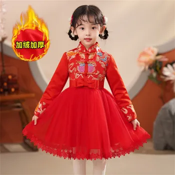 Kış Yürüyor Çocuk Sıcak Hanfu Elbiseler Bebek Kız Çocuk Çin Takvimi Yeni Yıl Hediye Nakış Polar Astarlı Prenses Elbise