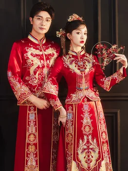 Çin Püsküller Düğün Cheongsam'lar Çift Resmi Ejderha ve Phoenix Nakış Tost Elbise Tang Takım Hanfu Qipao