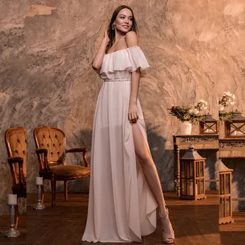 Kapalı Omuz Basit düğün elbisesi 2021 Yüksek Bölünmüş Tekne Boyun Kısa Kollu Sashes Kat Uzunlukta gelin kıyafeti Custom Made Şifon
