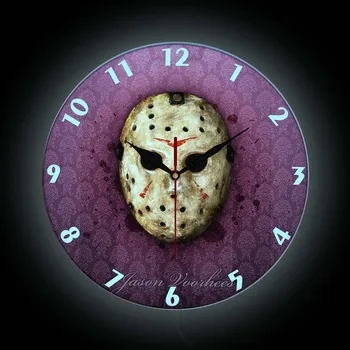 Korku Hokeyi Maskesi Jason Voorhees yüz LED Neon ışık duvar saati Cadılar Bayramı Ev Dekor Sinema Sinema Saati Karanlıkta Glow